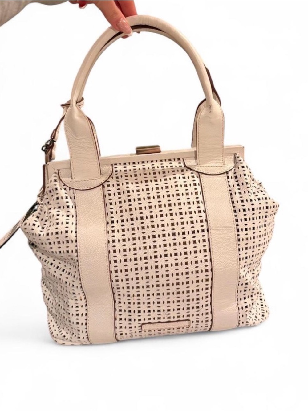 BCBGMAXAZRIA white eyelet leather tote